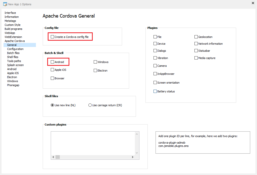 The DecSoft's App Builder options dialog